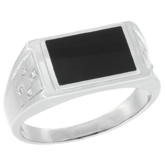9mm Mens Sterling Silver Rectangular Black Onyx Ring Checkerboard - Picture 1 of 2